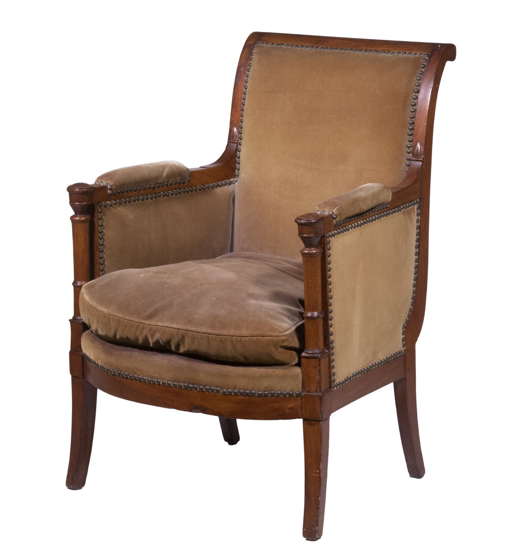 Appraisal: FRENCH EMPIRE ARMCHAIR th c Mahogany Framed Armchair with dark