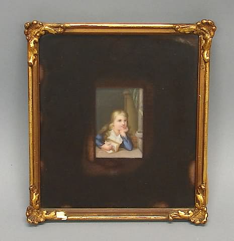 Appraisal: Child leaning on left hand holding bird painted porcelain plaque