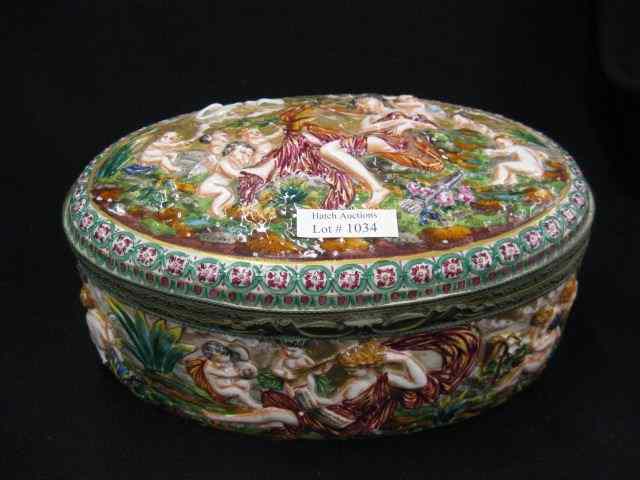 Appraisal: Large Capodimonte Porcelain Dresser Box oval cherubs maiden decor bas-relief