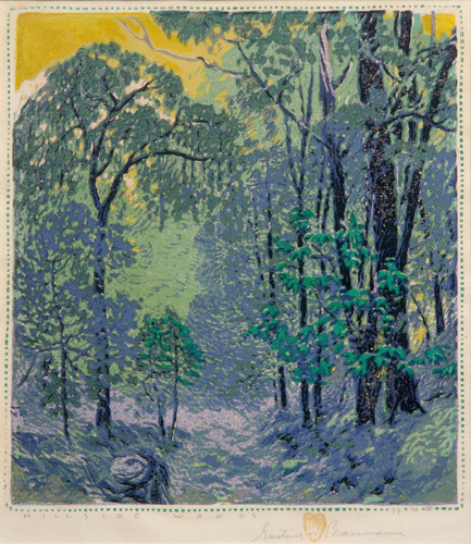 Appraisal: GUSTAVE BAUMANN Color woodblock print Hillside Woods Matted and framed