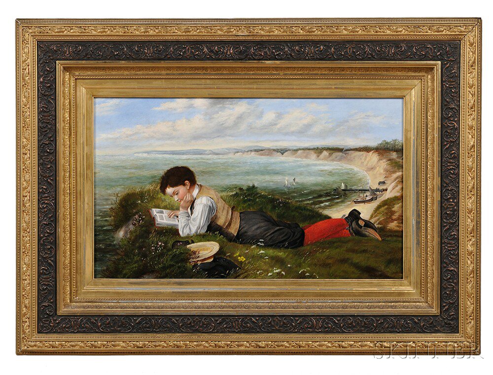 Appraisal: American School Late th Century Boy Reading on a Bluff