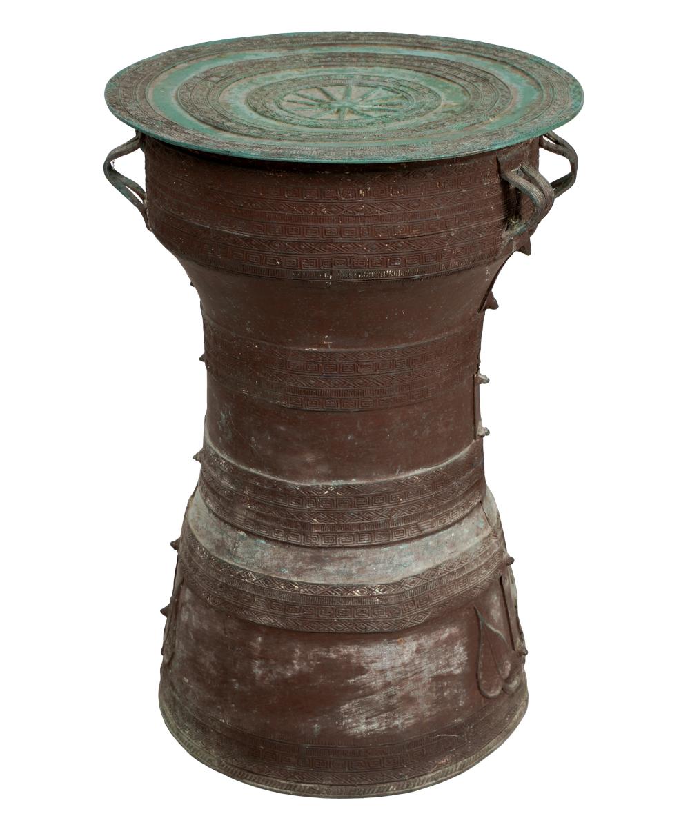 Appraisal: CHINESE RAIN DRUM TABLEbronze with double handles to each side