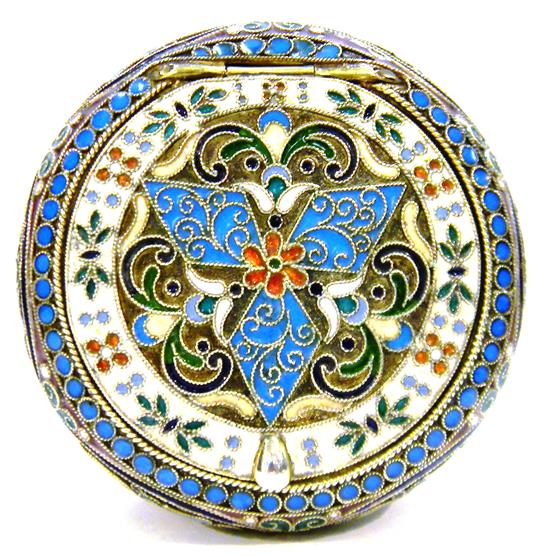 Appraisal: RUSSIAN SILVER Russian enameled round case attributed to Karl Gustaf