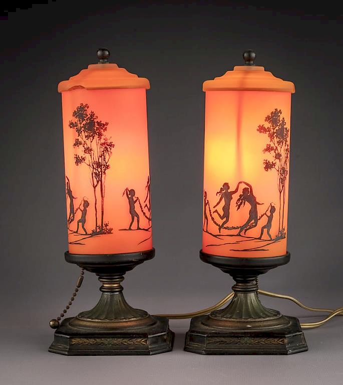 Appraisal: Pair of Painted Cylindrical Lamps DESCRIPTION Pair of reverse orange