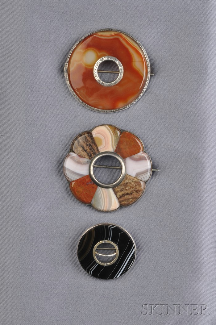 Appraisal: Three Victorian Silver and Scottish Agate Brooches each of circular