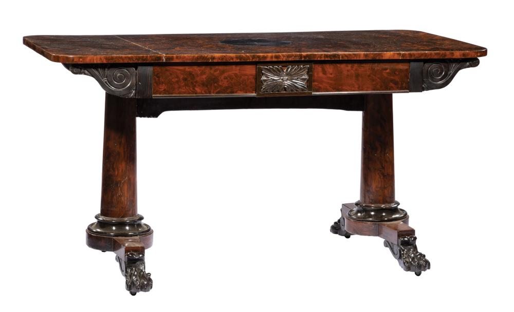 Appraisal: Regency Carved and Parcel Ebonized Burl Elm Sofa Table early