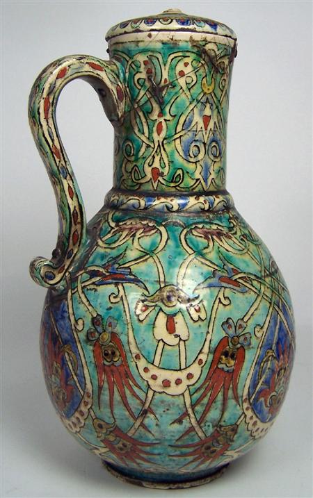 Appraisal: KUTAHYA EWER AND COVER with cylindrical neck above ovoid body