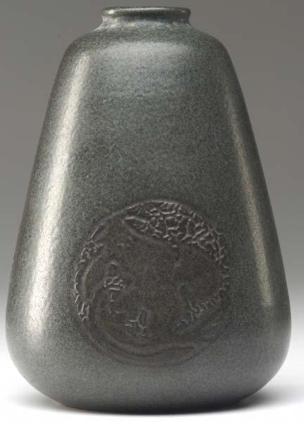 Appraisal: MARBLEHEAD Tapered vase incised with three medallions of stylized birds