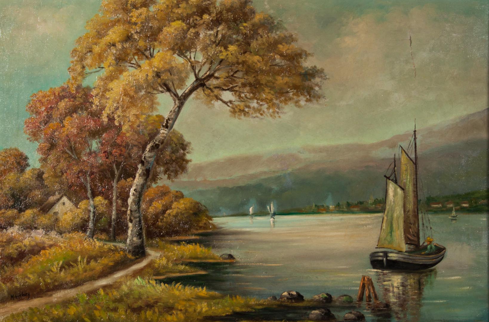 Appraisal: Morris Gerberg Autumnal Landscape with Boats oil Russian American b