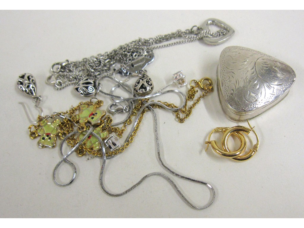 Appraisal: Lot comprising silver pill box silver earrings teddy bear necklace