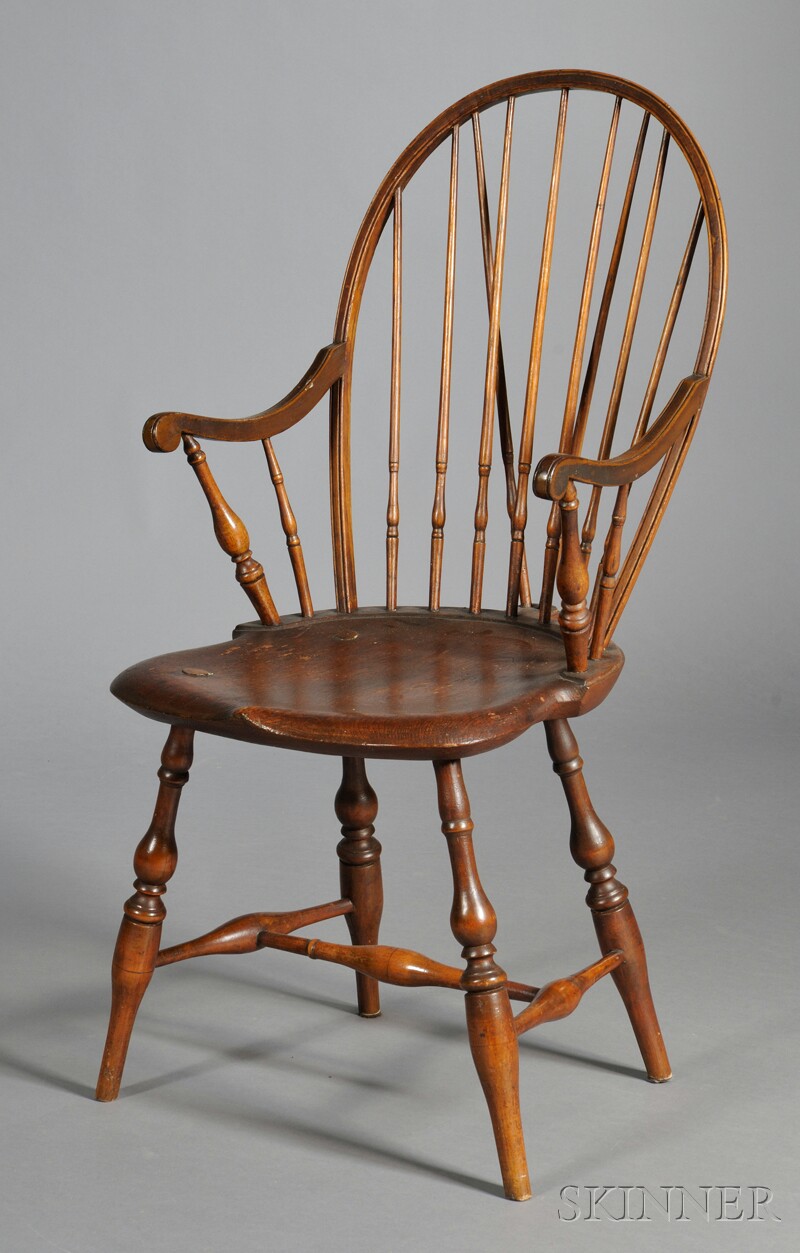 Appraisal: Braced Bow-back Windsor Applied Armchair Rhode Island c with pipestem-turned