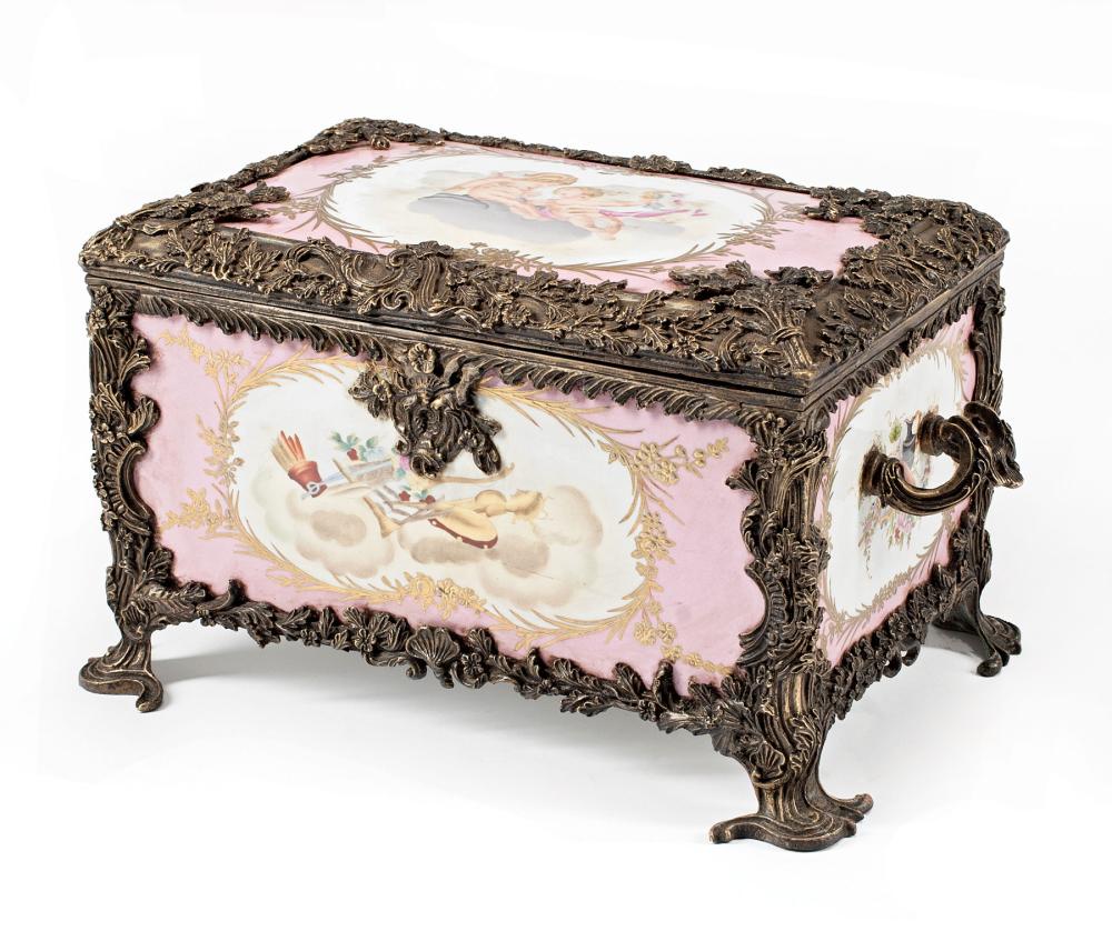 Appraisal: Sevres-Style Bronze-Mounted Polychrome and Gilt Porcelain Dresser Box spurious mark