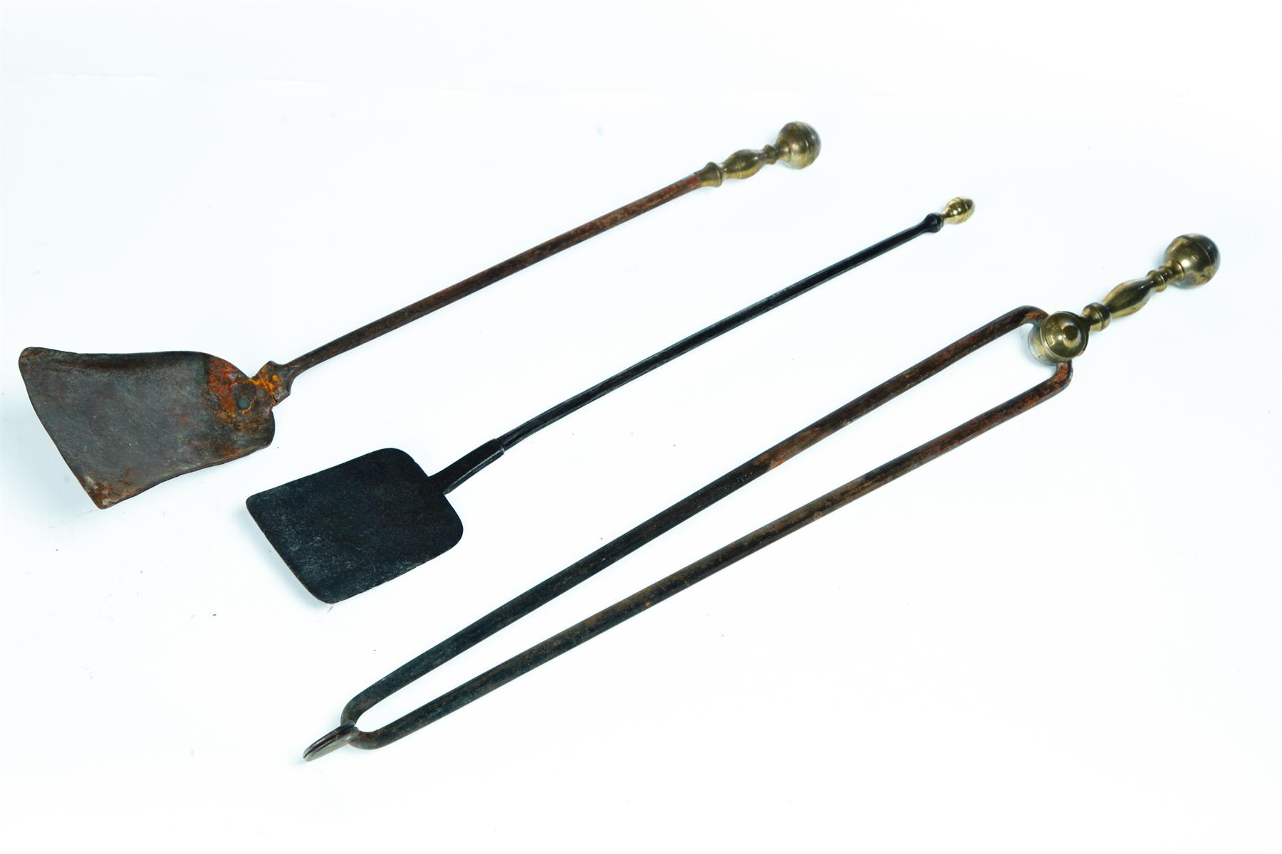 Appraisal: THREE FIREPLACE TOOLS American th century Steel with brass finials