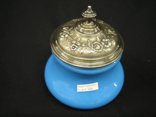 Appraisal: Victorian Blue Art Glass Biscuit Jar fancy silverplate top excellent