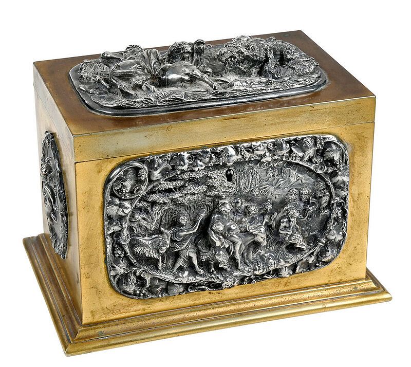 Appraisal: Bronze Jewelry Casket with Silver Relief Panels probably Continental late