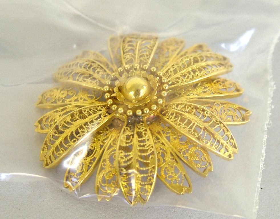 Appraisal: Gold yellow metal filigree work circular brooch possibly ct gms