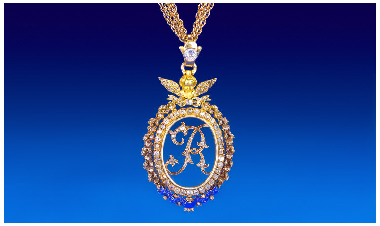 Appraisal: thC French Empire Diamond Enamelled ct Gold Pendant Of Oval