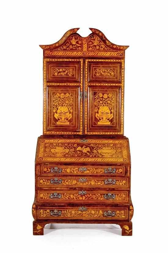 Appraisal: Dutch style walnut and marquetry bureau bookcase mid th century