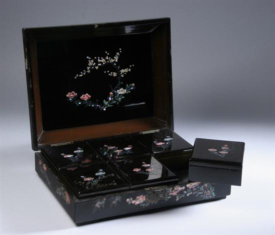 Appraisal: JAPANESE LACQUERED AND MOTHER-OF-PEARL INLAID TEA CADDY Meiji period Decorated