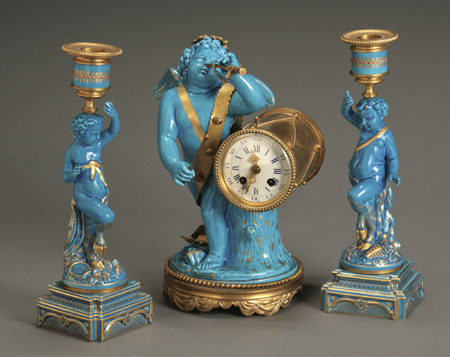 Appraisal: S vres-Type Ormolu Mounted Parcel Gilt Blue Glazed Assembled Three-Piece