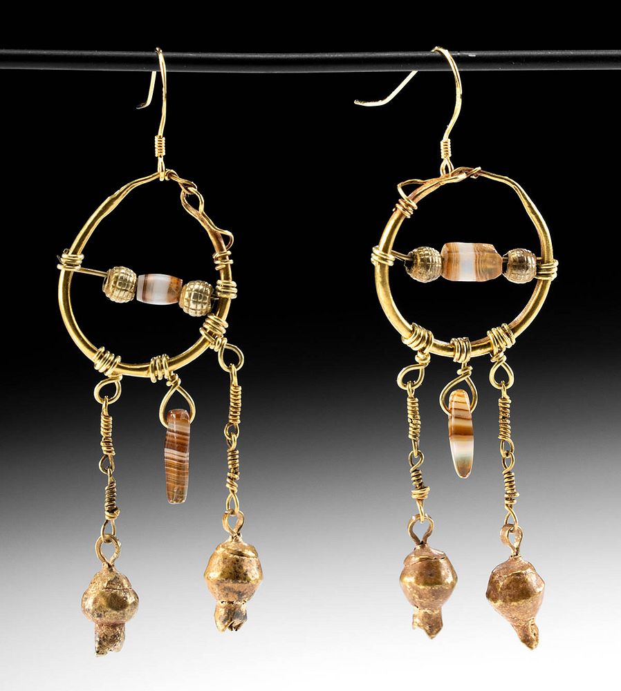 Appraisal: Roman Gold Agate Earrings w Gold Pomegranate Beads Roman Imperial