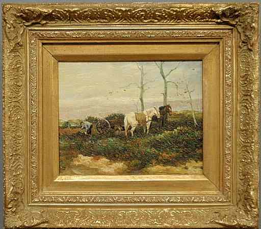 Appraisal: Oil on canvas landscape painting of a farmer with two