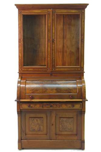 Appraisal: A VICTORIAN WALNUT CYLINDER-FRONT SECRETARY BOOKCASE American Civil War era