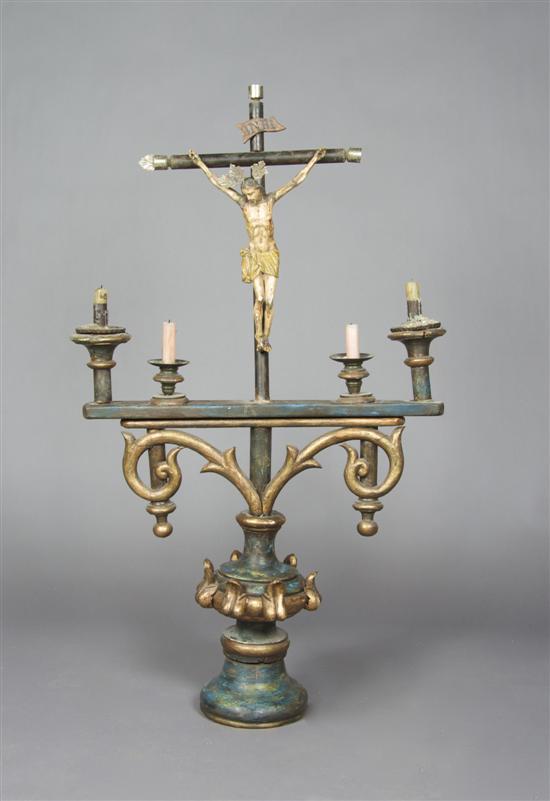 Appraisal: A Peruvian Painted and Giltwood Crucifix Height x width inches