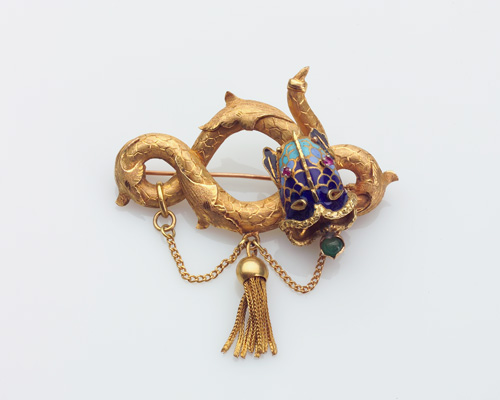 Appraisal: GOLD AND GEMS Serpent brooch in k yellow gold with