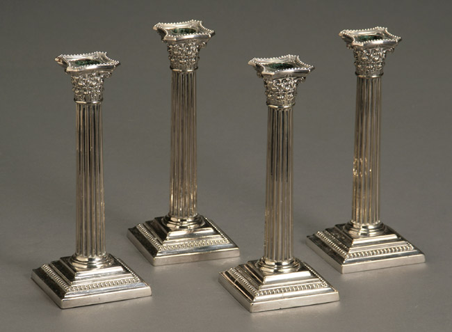 Appraisal: Set of Four Gorham Silver Plate Column-Form Candlesticks Providence Dated