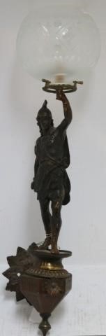 Appraisal: EARLY TH CENTURY FIGURAL BRONZE WALL-MOUNTEDLIGHT WITH GRECO-ROMAN WARRIOR PROBABLY