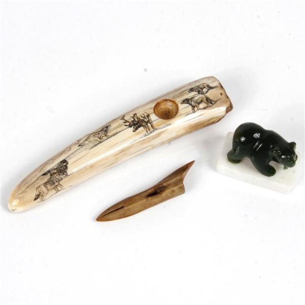 Appraisal: THREE ESKIMO INUIT ALASKAN ARTIFACTS SCRIMSHAW WALRUS TUSK FIRE STARTER