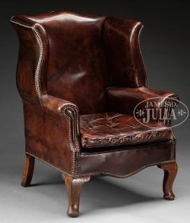 Appraisal: QUEEN ANNE STYLE LEATHER WING CHAIR Mid- th century This