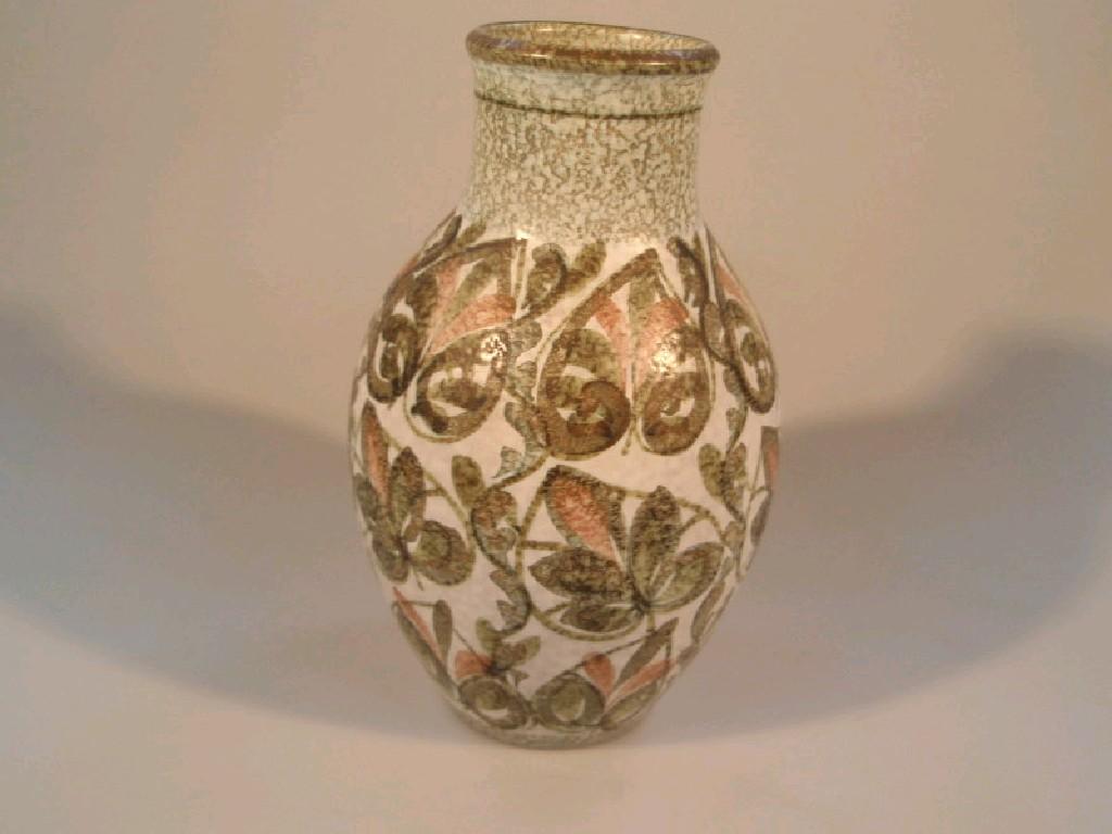 Appraisal: A Denby stoneware ovoid vase hand painted with leaf decoration