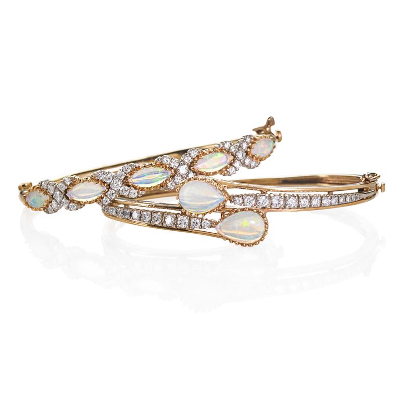 Appraisal: TWO OPAL AND DIAMOND GOLD HINGED BRACELETS CASBAH Condition Report