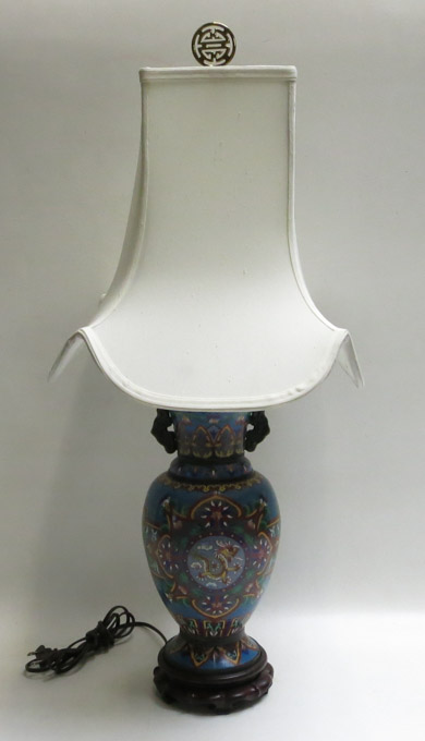 Appraisal: CHINESE CLOISONNE VASE TABLE LAMP with ivory cloth shade and