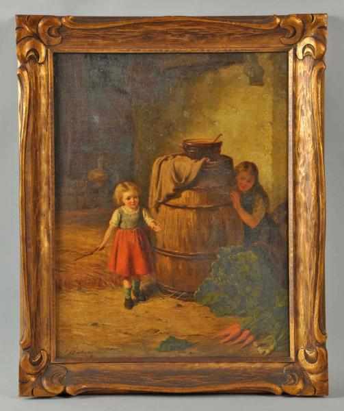 Appraisal: Oil on Canvas Signed J Wabraven Depicts girls playing hide