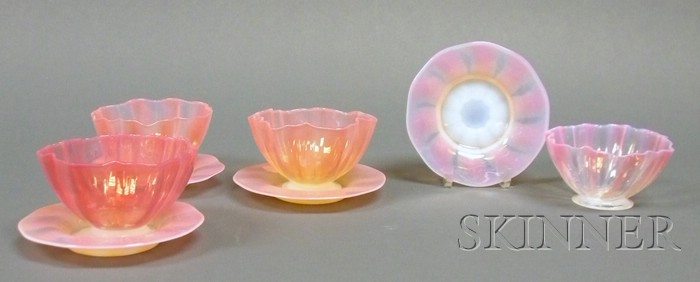 Appraisal: Four Opalescent Pink Art Glass Bowls and Undertrays possibly New