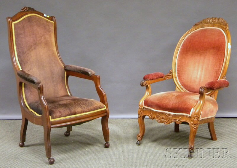 Appraisal: Two Victorian Upholstered Carved Walnut Parlor Armchairs including a Rococo