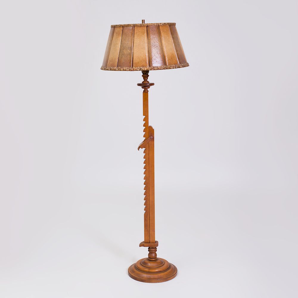 Appraisal: French Stained Oak Retractable Floor Lamp Fitted with a mica