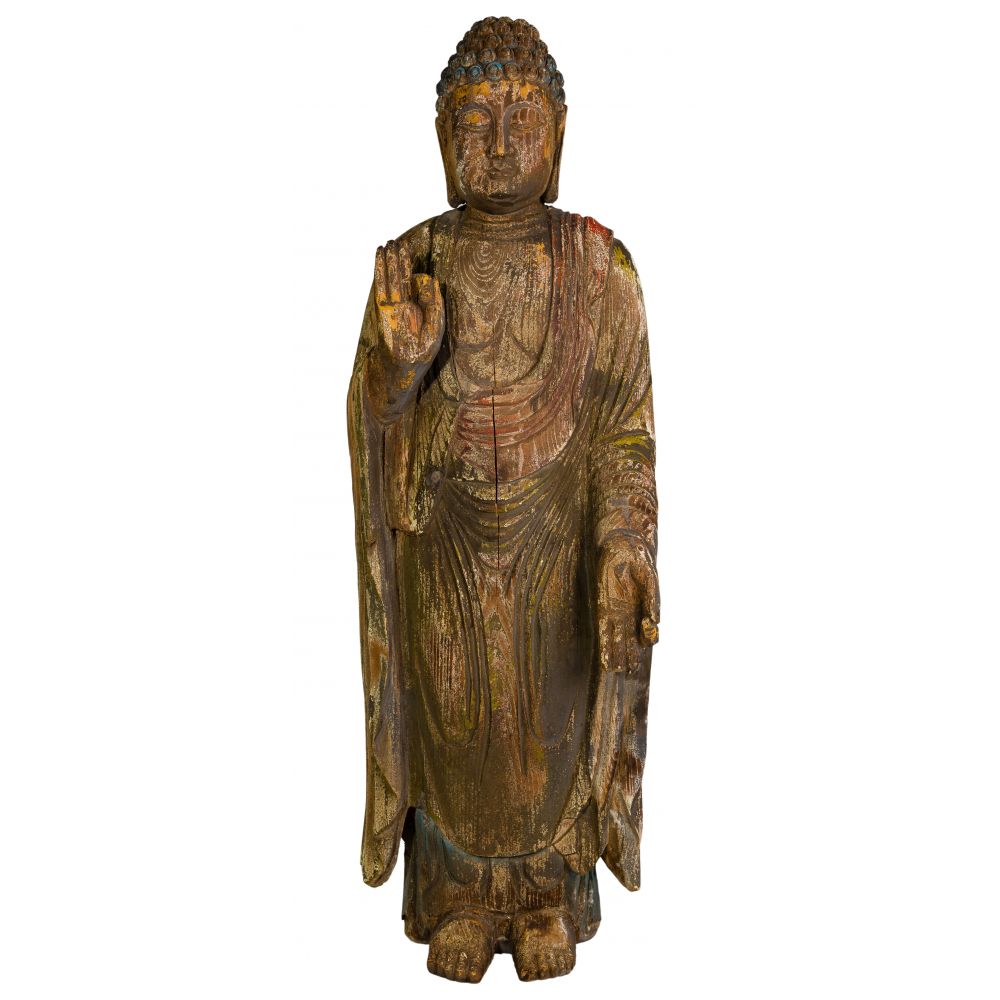 Appraisal: CHINESE CHARRED WOOD BUDDHA FIGUREStanding Amitaba having sea shell hair