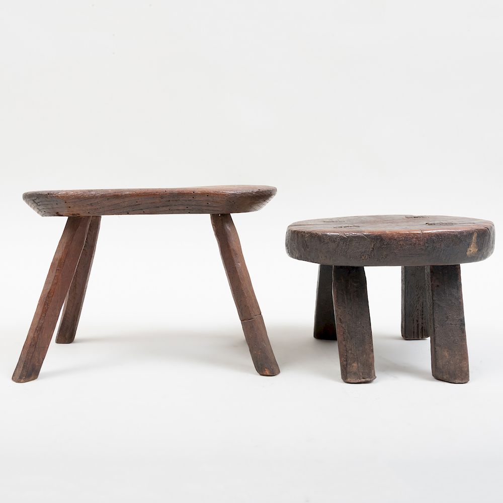 Appraisal: Two Primitive Wood Stools x x in Property From the