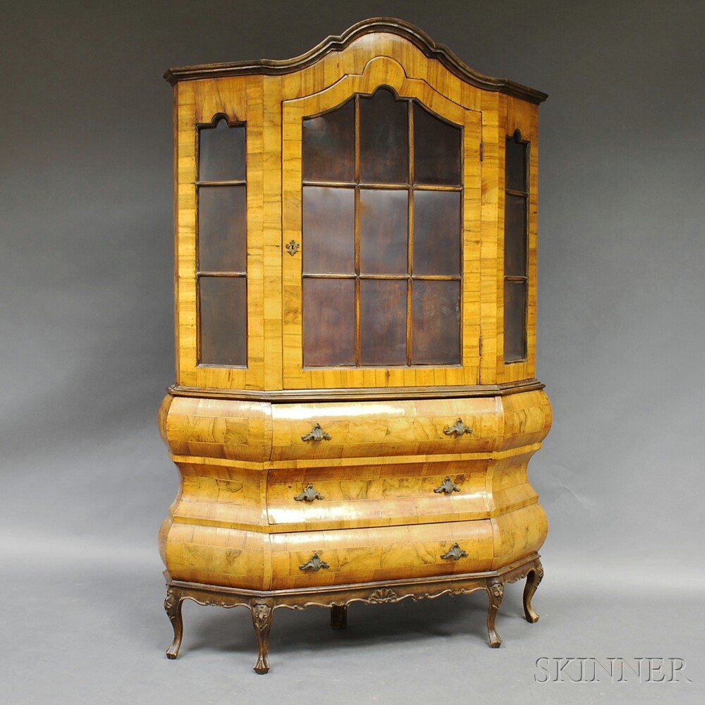 Appraisal: Dutch-style Walnut Veneer Glazed Bombe-form Two-part Cupboard ht wd dp