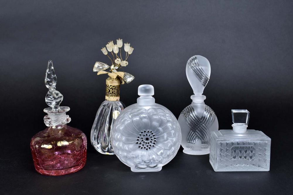 Appraisal: FIVE VARIED GLASS PERFUME BOTTLESModern Including a Lalique style frosted