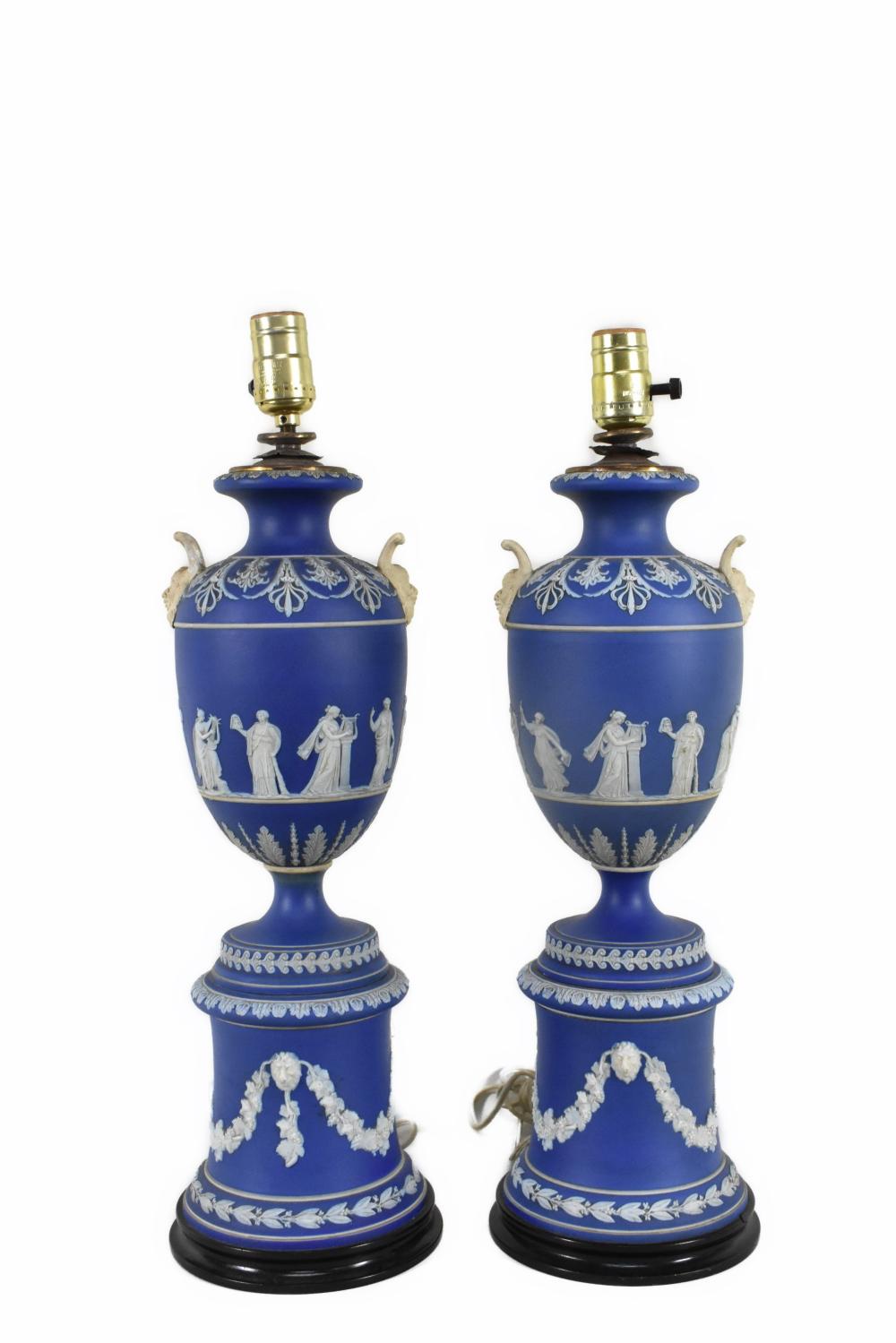 Appraisal: PAIR OF WEDGWOOD BLUE JASPERWARE TABLE LAMPS high Overall- No