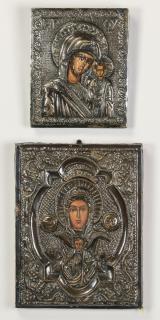 Appraisal: Greek Orthodox icons w silvered rizas Two Greek Orthodox icons