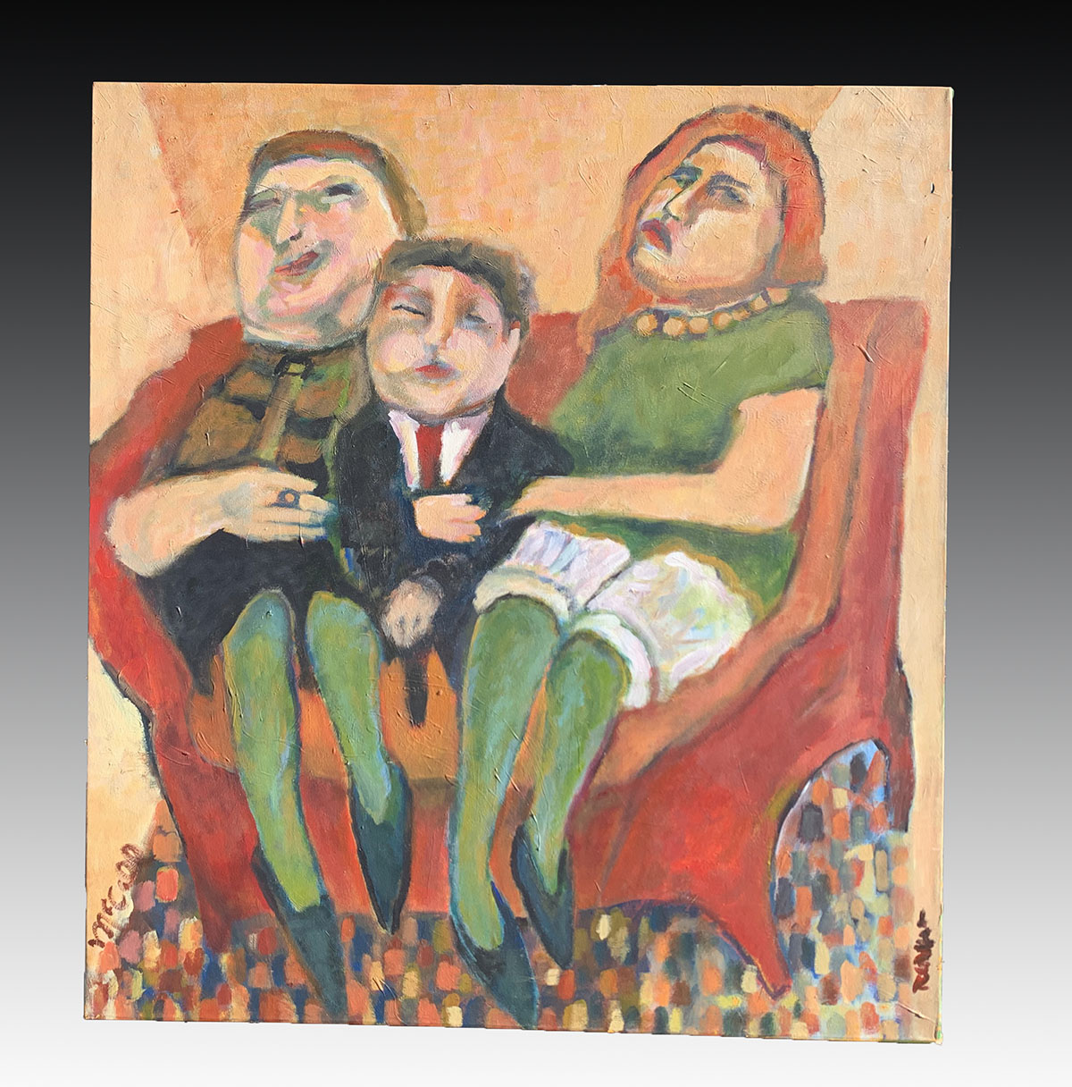 Appraisal: LARGE COLORFUL PORTRAIT PAINTING OF THREE KIDS ON A SOFA