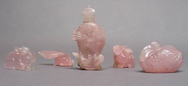 Appraisal: A group of five rose quartz carvings Including a covered