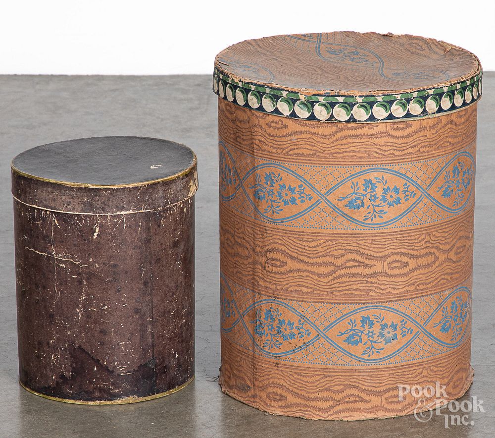 Appraisal: Two cylindrical hat boxes th c Two cylindrical hat boxes