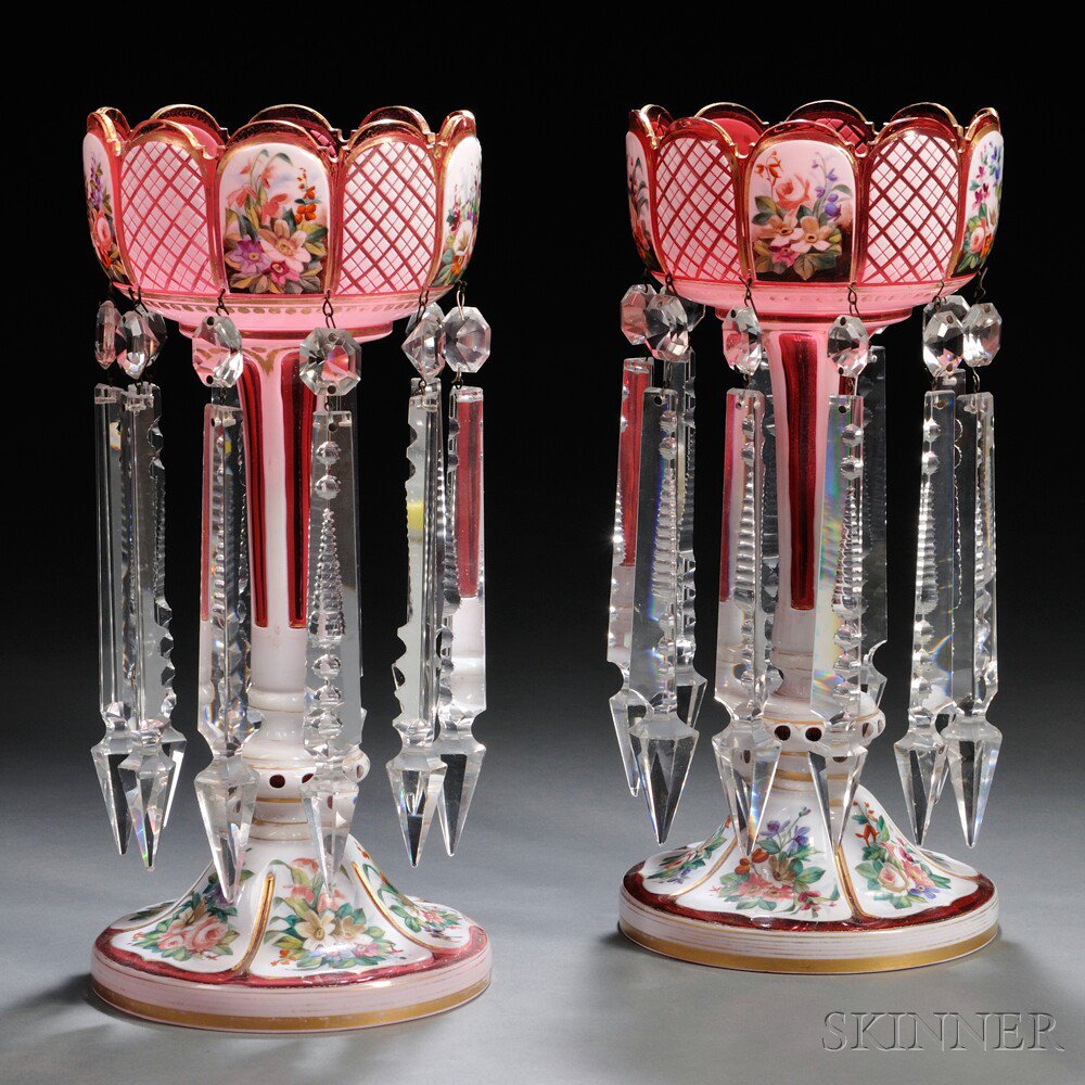 Appraisal: Pair of Bohemian Overlay Glass Girandoles th century white cut